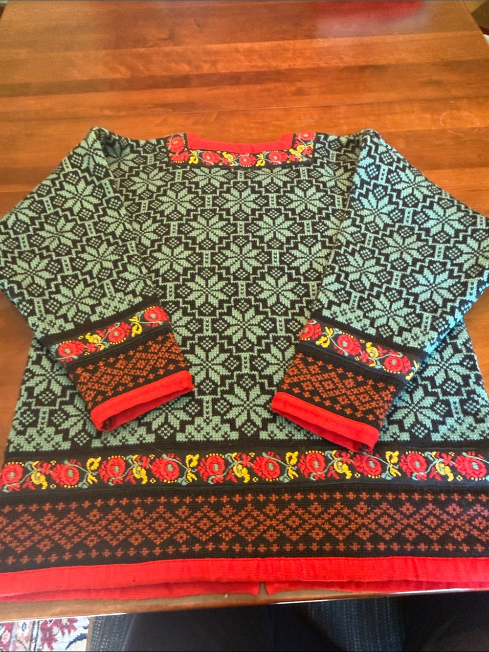 Embroidered Floral Accent Red & Black Nordic-Style Women's Cardigan - Picture 3 of 3
